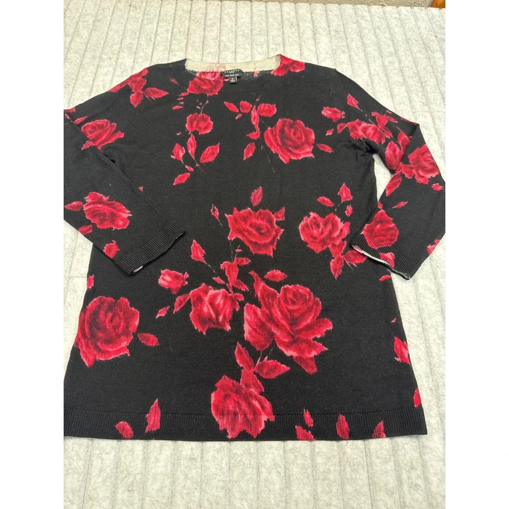 Talbots Petites Black Red Rose Floral Pure Merino Wool Sweater Crew Neck P 08/12